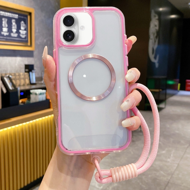 For iPhone 16 Airbag 3 in 1 CD Texture MagSafe Phone Case with Strap(Pink)