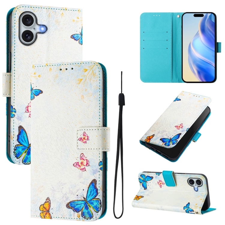 For iPhone 16 Art Colored Drawing Pattern Leather Phone Case(Butterfly house)