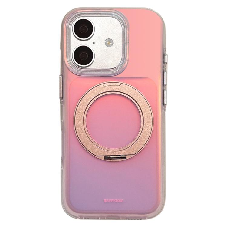 For iPhone 16 BAFFKKAF Gilded 360 Rotation Holder Airbag Double-Sided IMD Phone Case(Sunset Pink)
