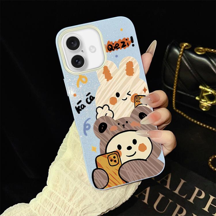 For iPhone 16 Bear Pattern IMD Glitter PC Hybrid TPU Phone Case(Blue)