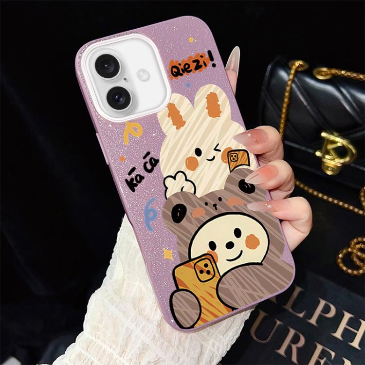 For iPhone 16 Bear Pattern IMD Glitter PC Hybrid TPU Phone Case(Purple)