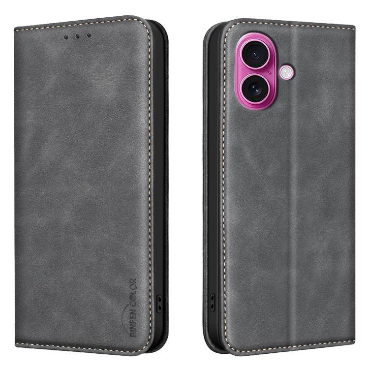 For iPhone 16 BINFEN COLOR Calfskin Texture Magnetic RFID Vegan Leather Phone Case(Black)