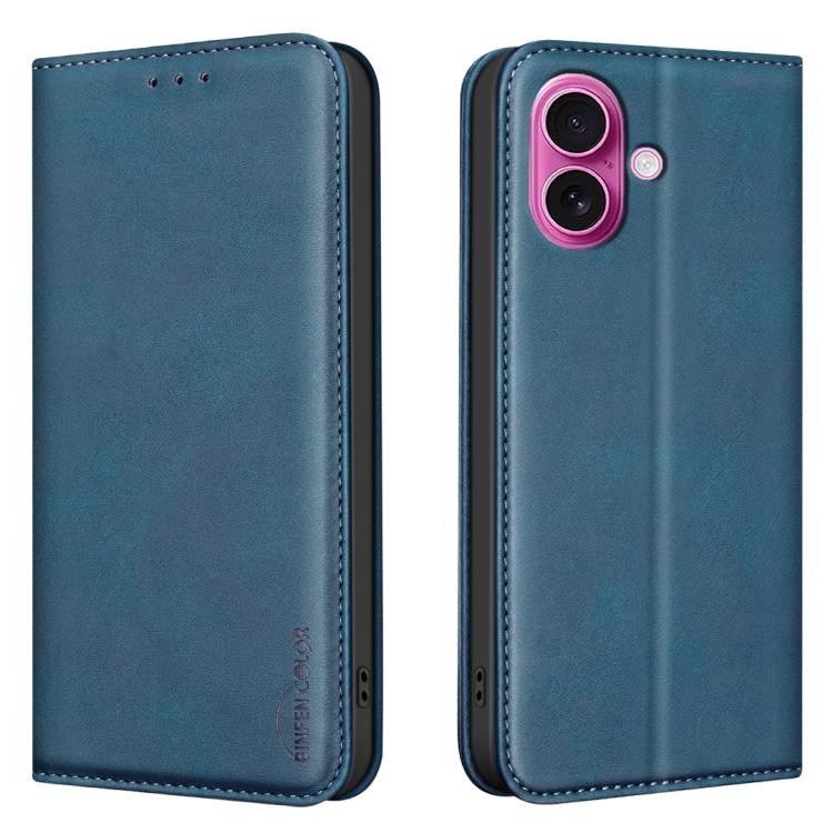 For iPhone 16 BINFEN COLOR Calfskin Texture Magnetic RFID Vegan Leather Phone Case(Blue)