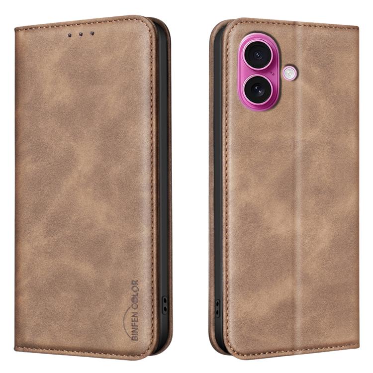 For iPhone 16 BINFEN COLOR Calfskin Texture Magnetic RFID Vegan Leather Phone Case(Brown)