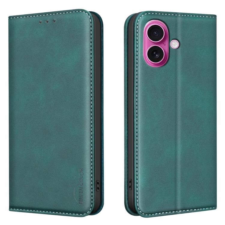 For iPhone 16 BINFEN COLOR Calfskin Texture Magnetic RFID Vegan Leather Phone Case(Green)