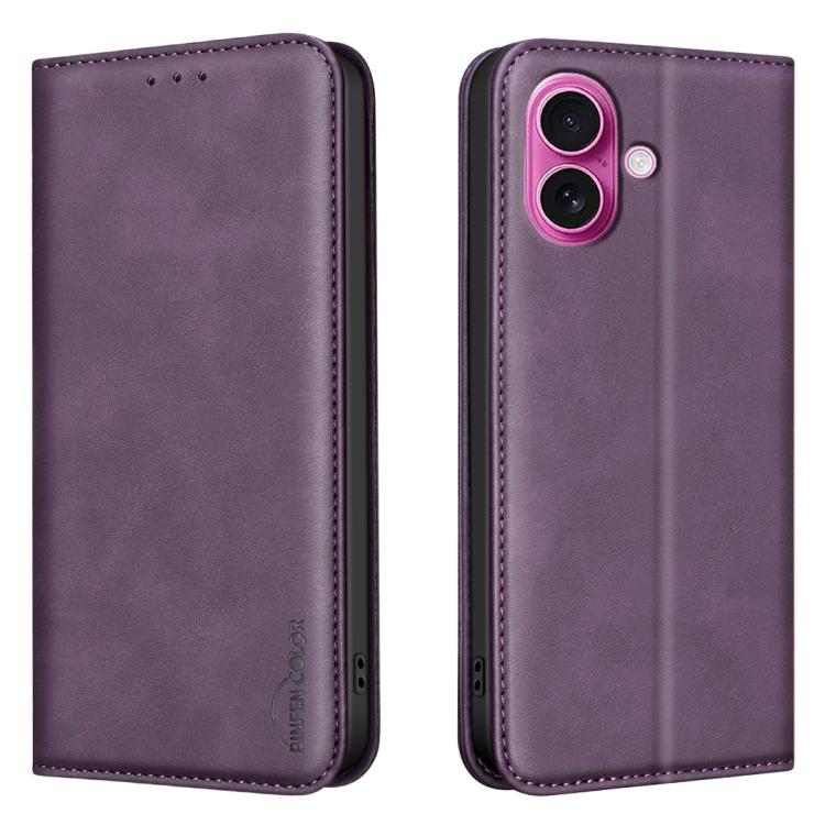 For iPhone 16 BINFEN COLOR Calfskin Texture Magnetic RFID Vegan Leather Phone Case(Purple)