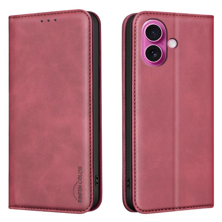 For iPhone 16 BINFEN COLOR Calfskin Texture Magnetic RFID Vegan Leather Phone Case(Red)