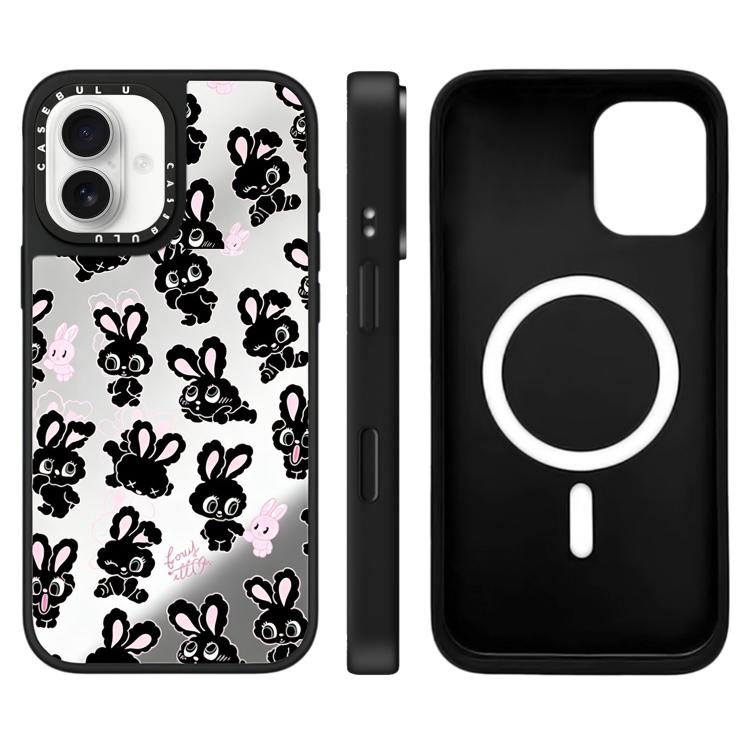 For iPhone 16 Bunny Series Pattern Mirror Magnetic Phone Case(Black Bunny)