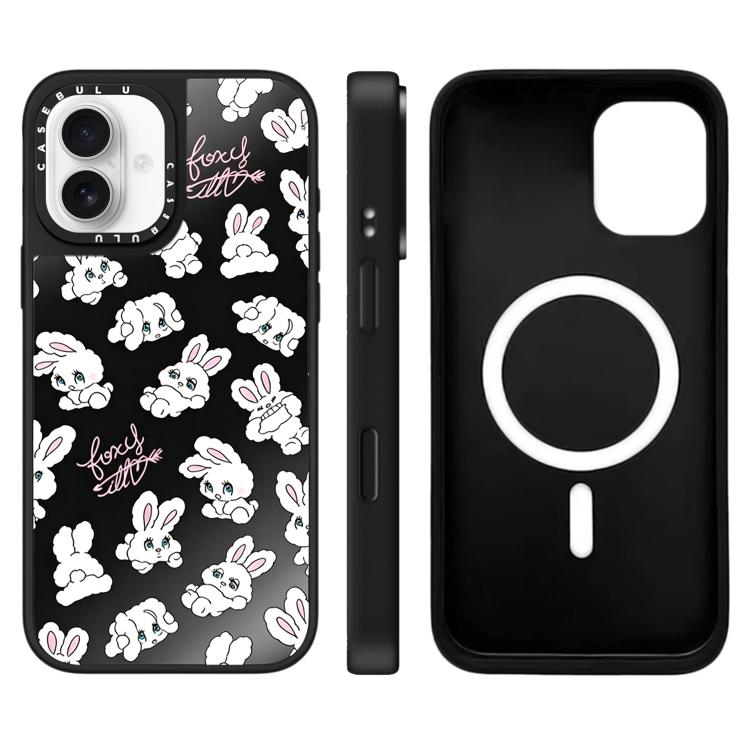 For iPhone 16 Bunny Series Pattern Mirror Magnetic Phone Case(Bunny Black)