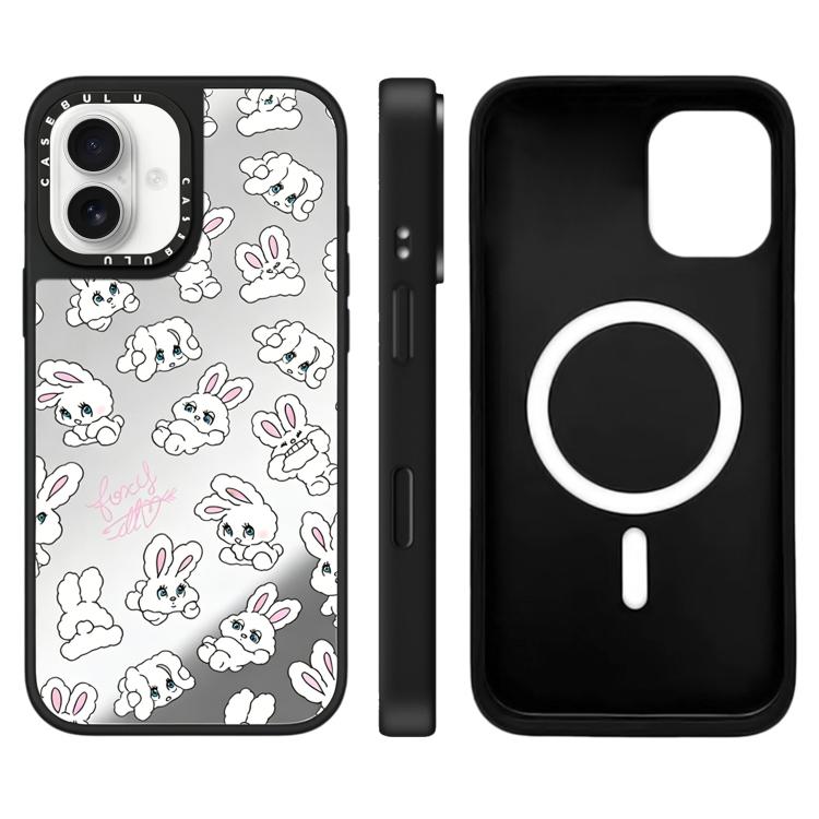 For iPhone 16 Bunny Series Pattern Mirror Magnetic Phone Case(Bunny Silver)
