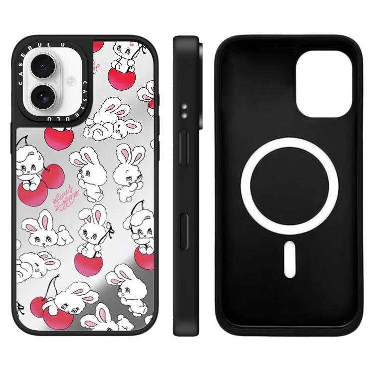 For iPhone 16 Bunny Series Pattern Mirror Magnetic Phone Case(Cherry White Bunny)