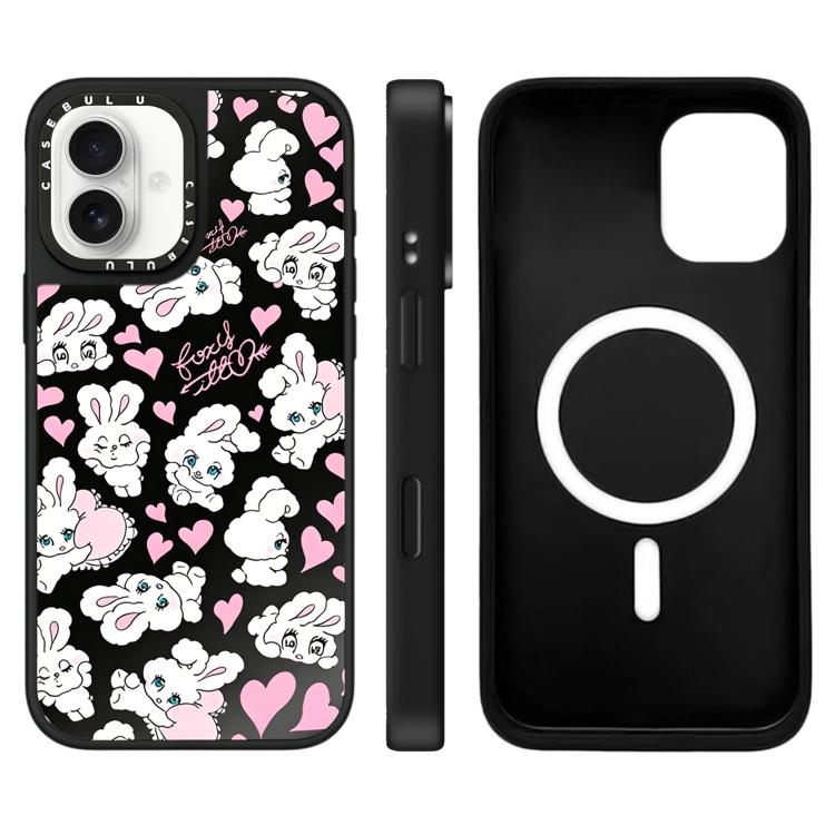 For iPhone 16 Bunny Series Pattern Mirror Magnetic Phone Case(Hearts Bunny Black)