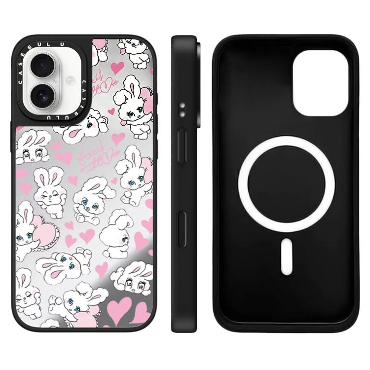 For iPhone 16 Bunny Series Pattern Mirror Magnetic Phone Case(Hearts Bunny Silver)