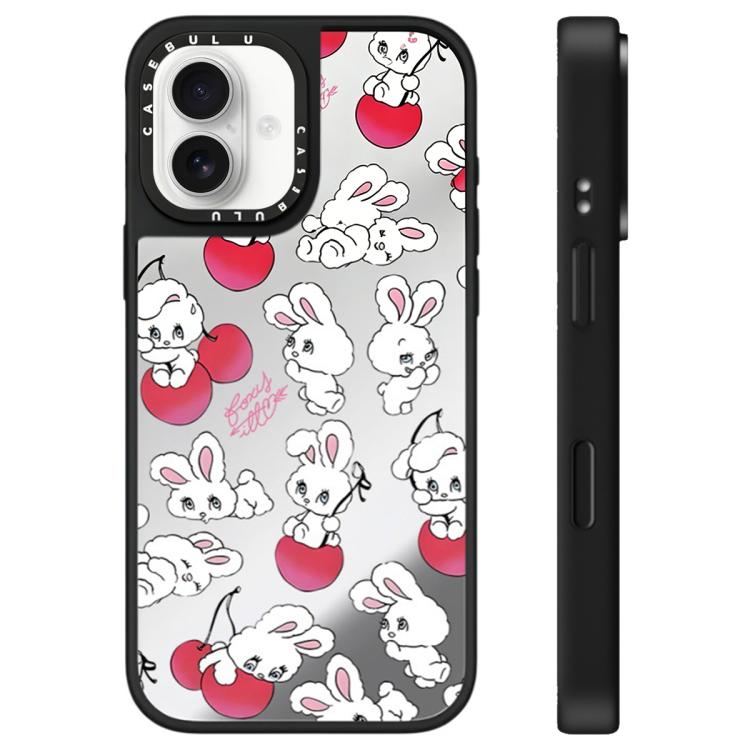 For iPhone 16 Bunny Series Pattern Mirror Phone Case(Cherry White Bunny)