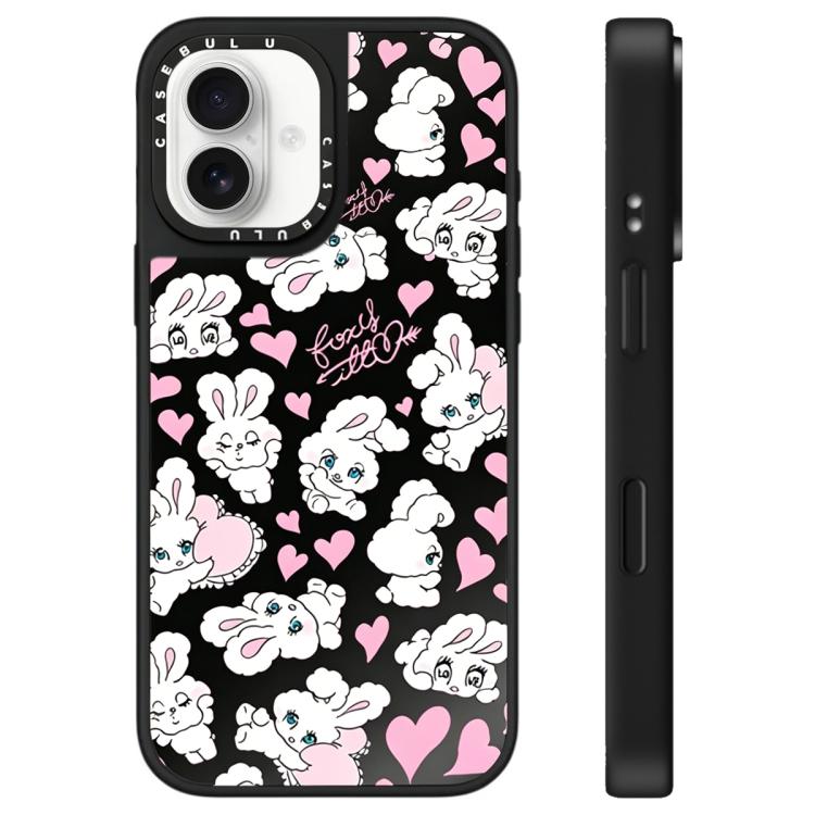 For iPhone 16 Bunny Series Pattern Mirror Phone Case(Hearts Bunny Black)