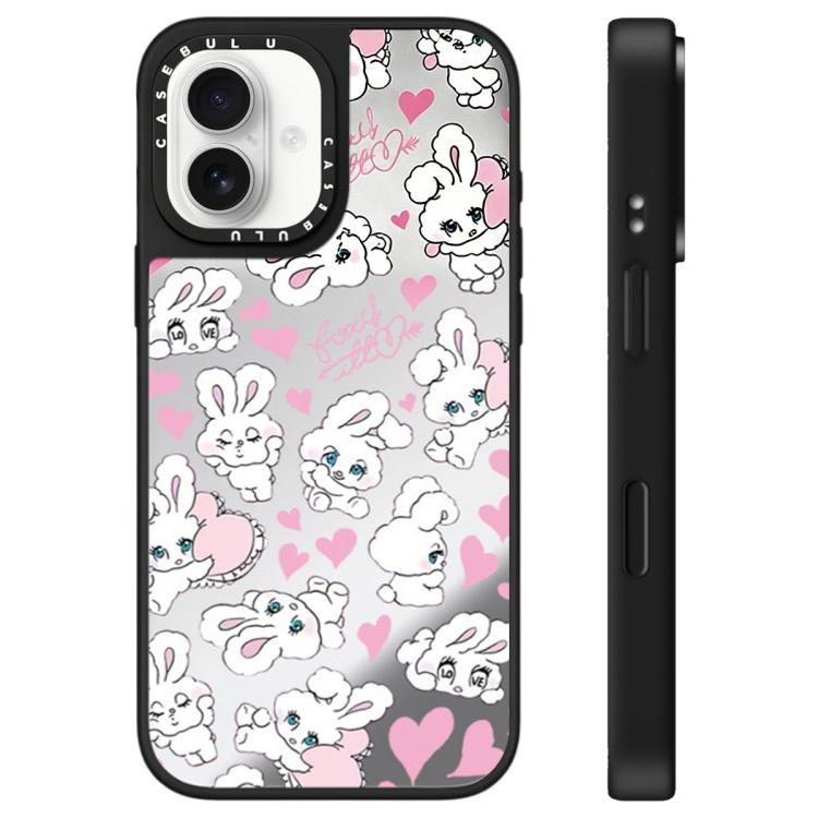 For iPhone 16 Bunny Series Pattern Mirror Phone Case(Hearts Bunny Silver)
