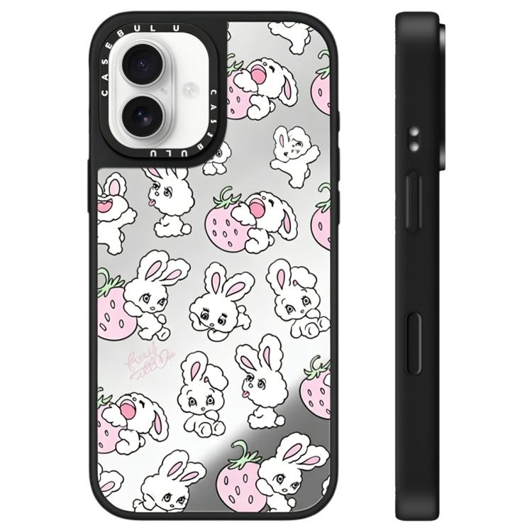 For iPhone 16 Bunny Series Pattern Mirror Phone Case(Strawberry Bunny)
