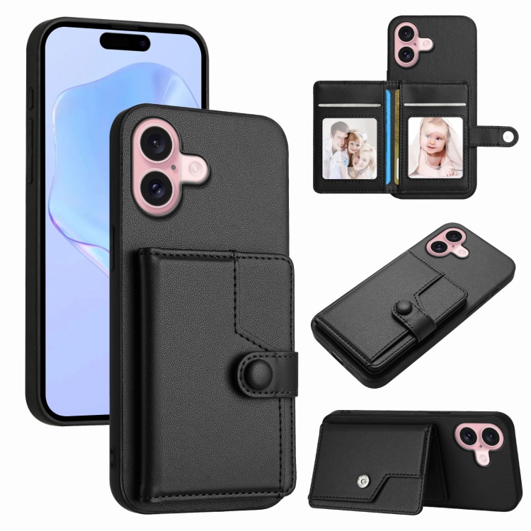 For iPhone 16 Button Card Bag RFID Anti-theft Phone Case(Black)