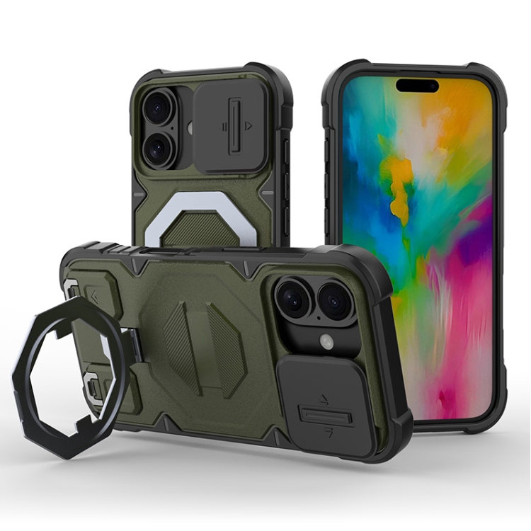 For iPhone 16 Camera Shield Armor MagSafe Holder Phone Case with Strap(Dark Green)