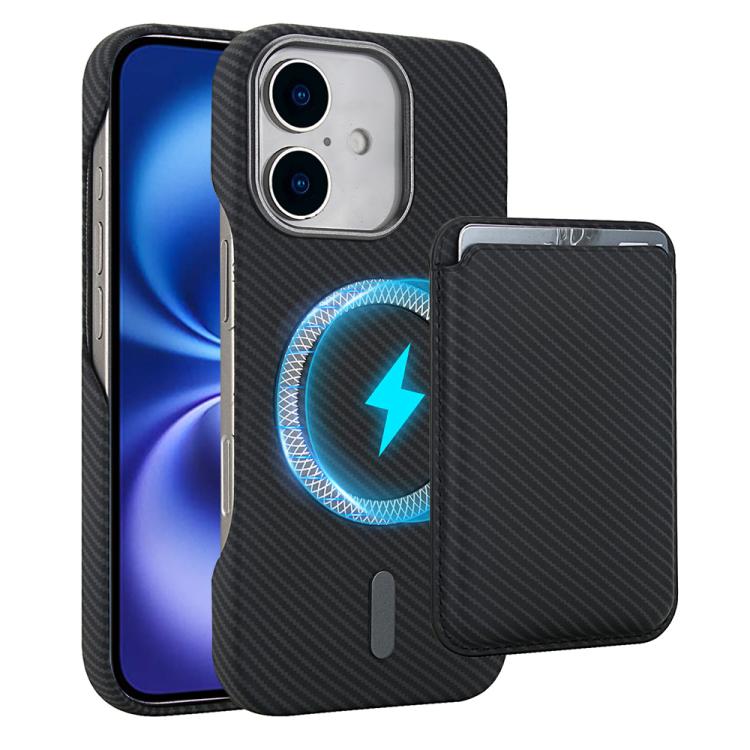 For iPhone 16 Carbon Fiber MagSafe Magnetic Card Holder Phone Case(Black)