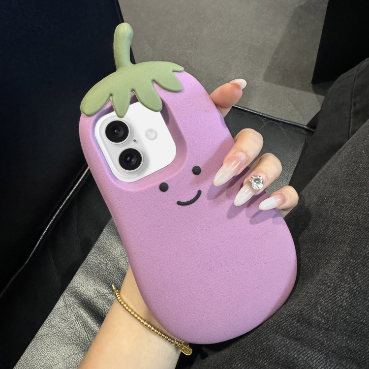 For iPhone 16 Cartoon 3D Silicone Phone Case(Eggplant)