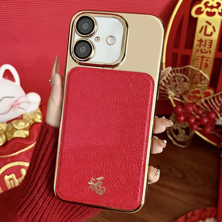 For iPhone 16 Chinese Ancient Style Fu Electroplated Phone Case with Lens Film(Red)