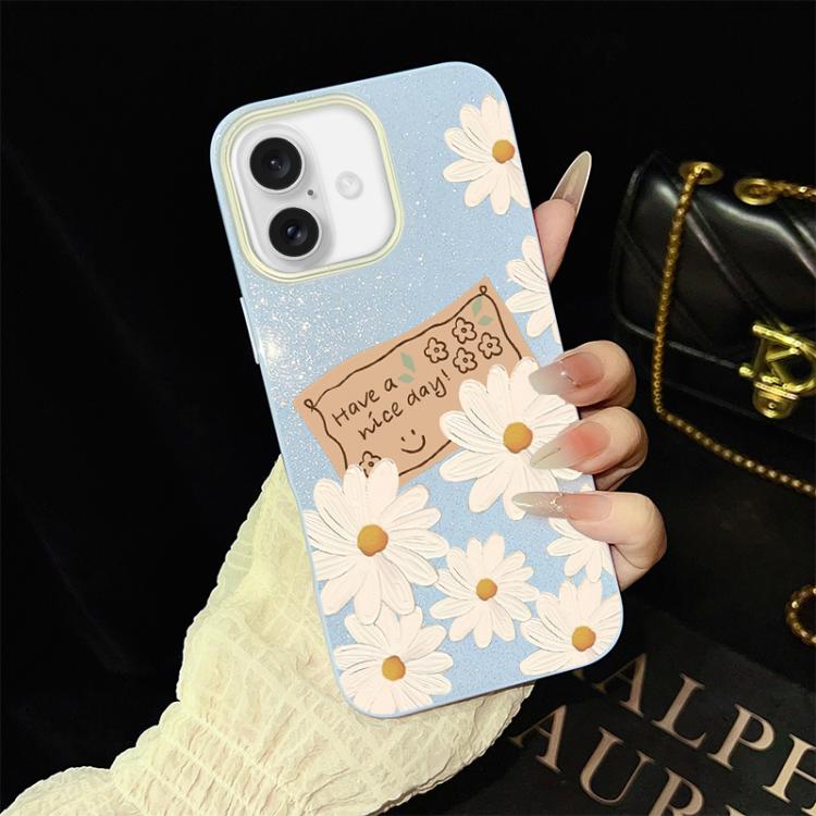 For iPhone 16 Chrysanthemum Pattern IMD Glitter PC Hybrid TPU Phone Case(Blue)