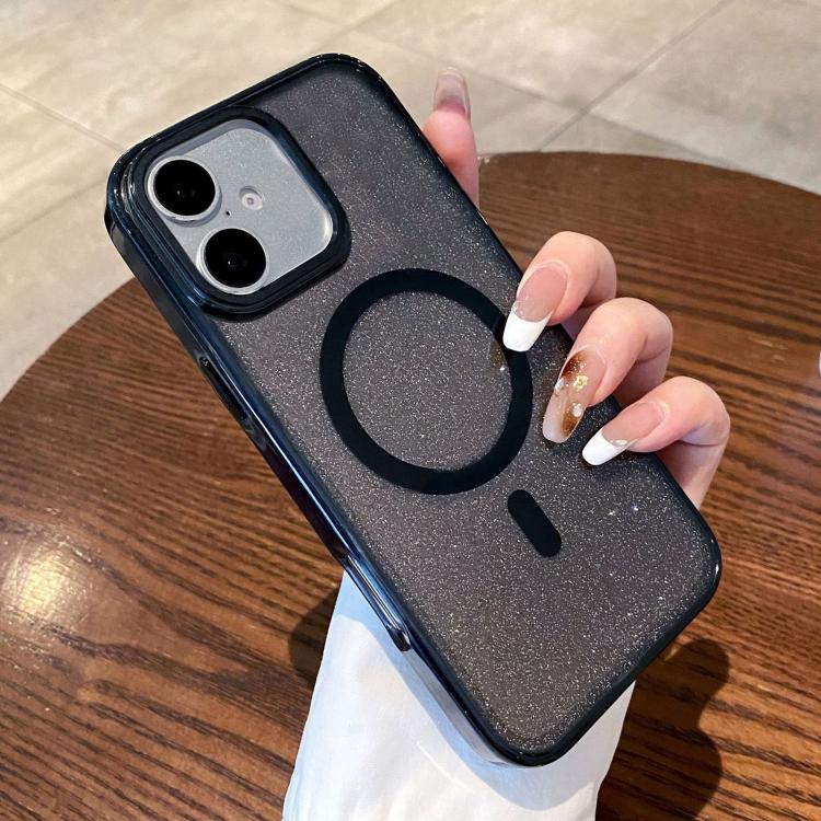 For iPhone 16 Clear Glitter Magnetic Shockproof Phone Case(Black)