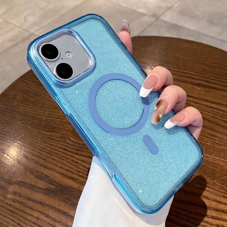For iPhone 16 Clear Glitter Magnetic Shockproof Phone Case(Blue)