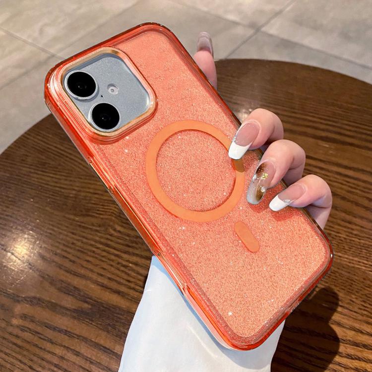 For iPhone 16 Clear Glitter Magnetic Shockproof Phone Case(Orange)