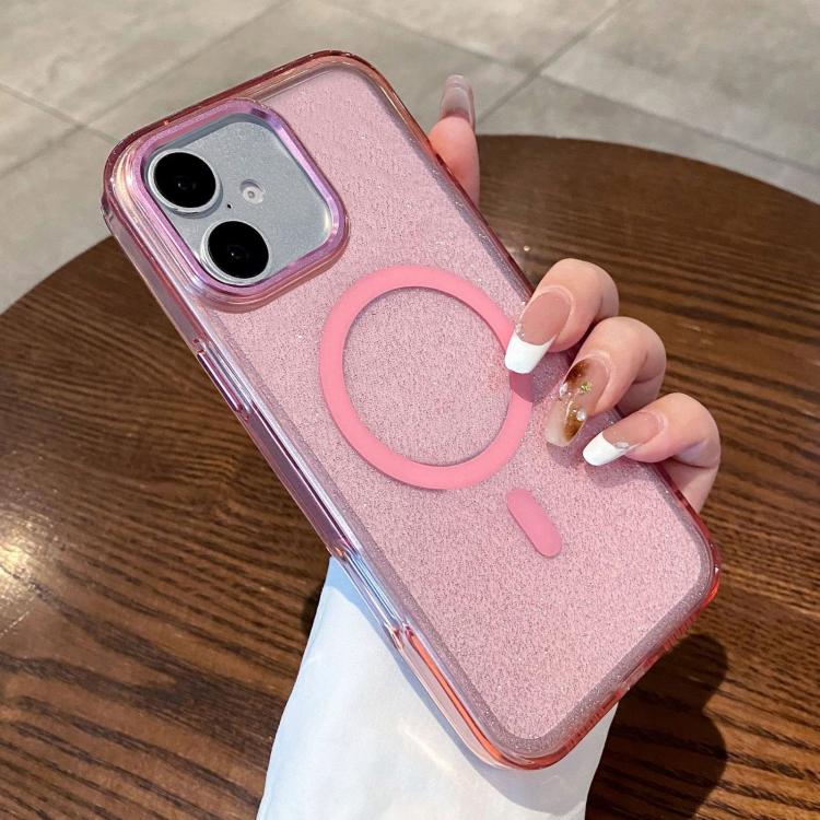 For iPhone 16 Clear Glitter Magnetic Shockproof Phone Case(Pink)