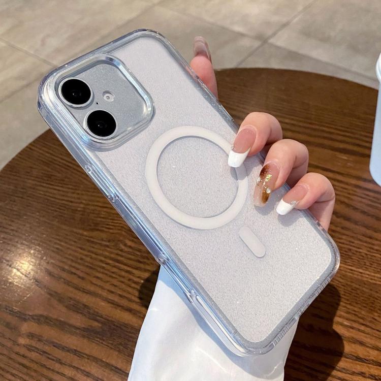 For iPhone 16 Clear Glitter Magnetic Shockproof Phone Case(White)