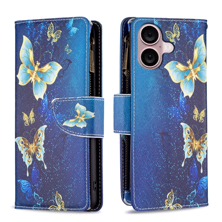 For iPhone 16 Colored Drawing Pattern Zipper Phone Leather Case(Gold Butterfly)