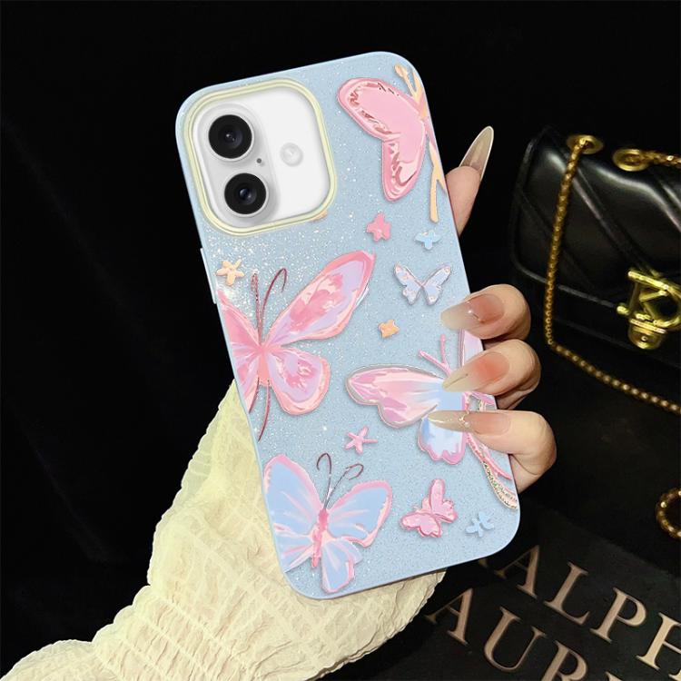 For iPhone 16 Colorful Butterflies Pattern IMD Glitter PC Hybrid TPU Phone Case(Blue)