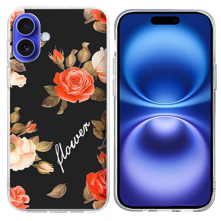 For iPhone 16 Colorful Painting Pattern TPU Phone Case(Flowers On Black)