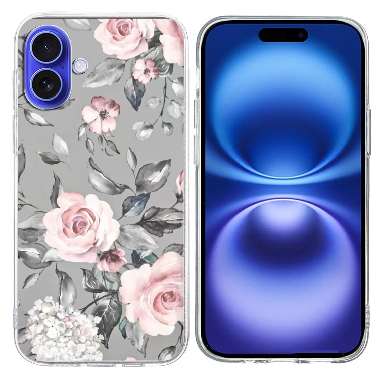 For iPhone 16 Colorful Painting Pattern TPU Phone Case(Flowers On Grey)