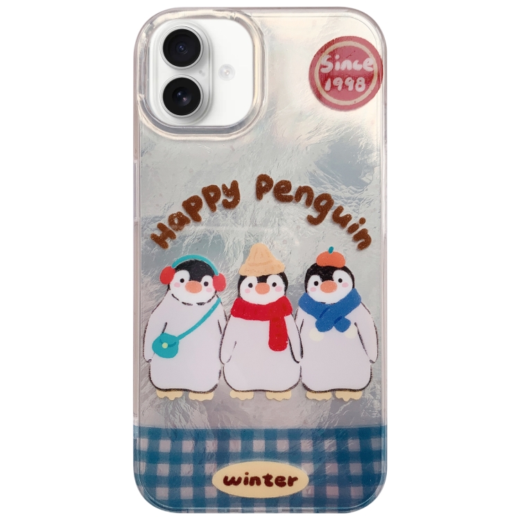 For iPhone 16 Colorful PC Hybrid TPU Phone Case with Lanyard(Penguin)