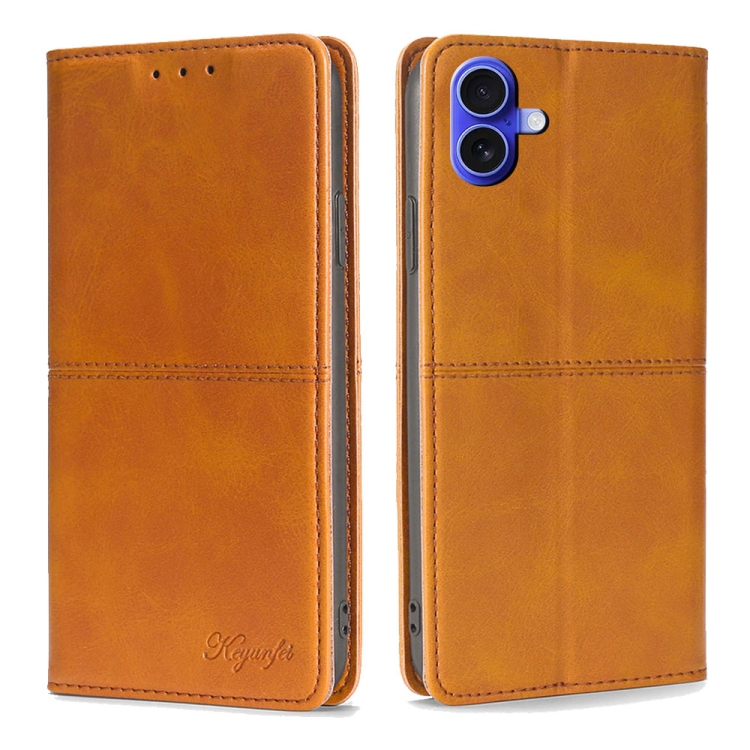 For iPhone 16 Cow Texture Magnetic Leather Phone Case(Light Brown)