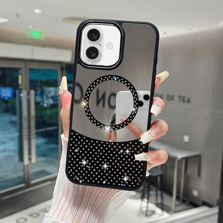 For iPhone 16 Crystal Mirror Surface Rhinestone Magnetic Phone Case(Black)