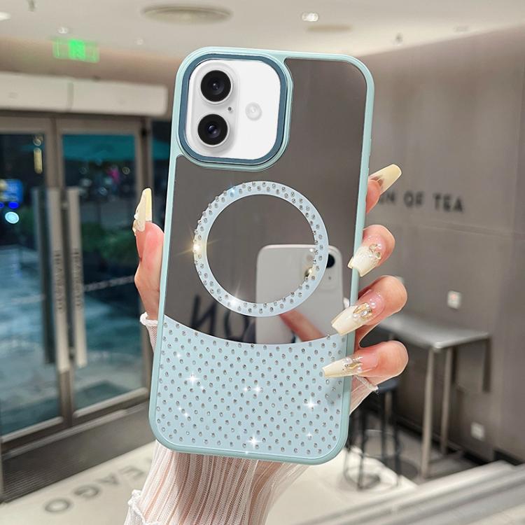 For iPhone 16 Crystal Mirror Surface Rhinestone Magnetic Phone Case(Blue)