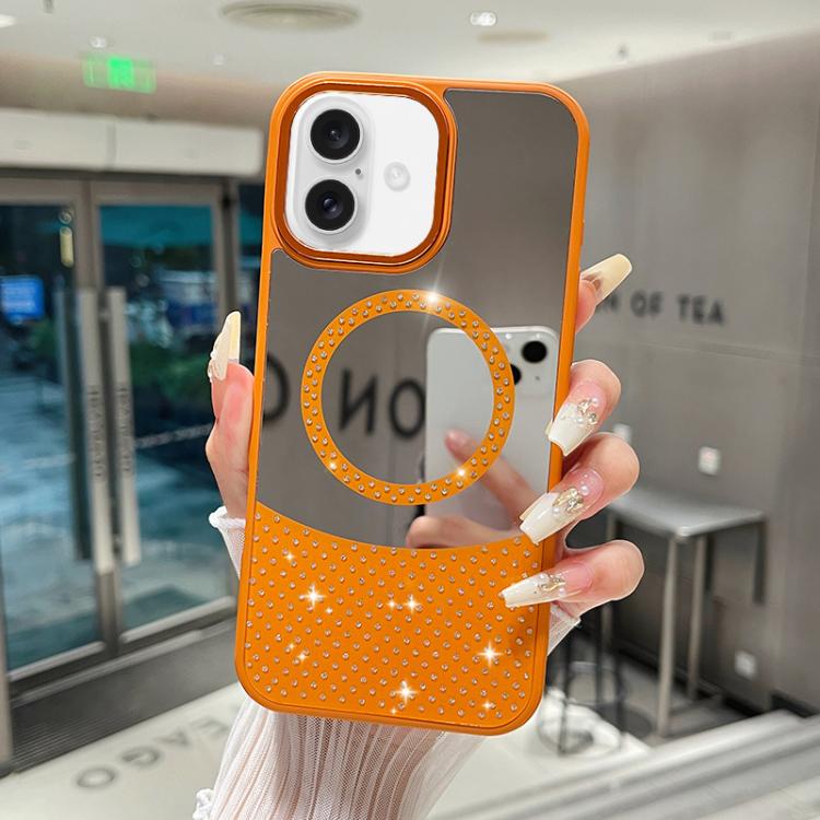 For iPhone 16 Crystal Mirror Surface Rhinestone Magnetic Phone Case(Orange)