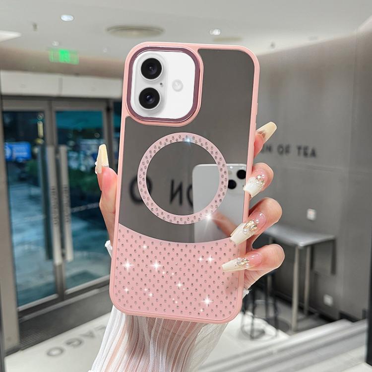 For iPhone 16 Crystal Mirror Surface Rhinestone Magnetic Phone Case(Pink)