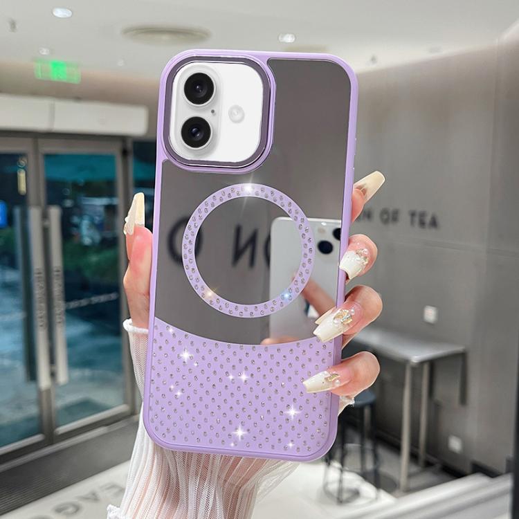 For iPhone 16 Crystal Mirror Surface Rhinestone Magnetic Phone Case(Purple)