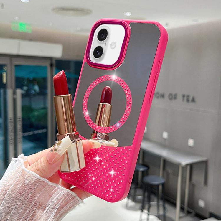 For iPhone 16 Crystal Mirror Surface Rhinestone Magnetic Phone Case(Rose Red)