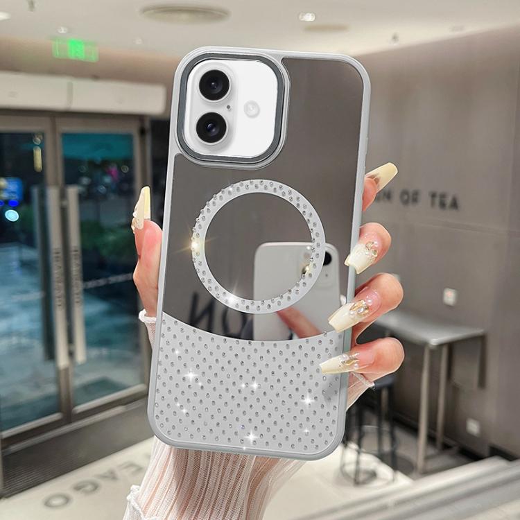 For iPhone 16 Crystal Mirror Surface Rhinestone Magnetic Phone Case(White)