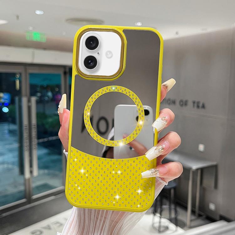 For iPhone 16 Crystal Mirror Surface Rhinestone Magnetic Phone Case(Yellow)