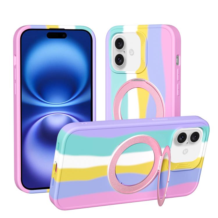 For iPhone 16 Dark Star Series 360 Degree Rotation Ring Holder Magnetic Phone Case(Rainbow)