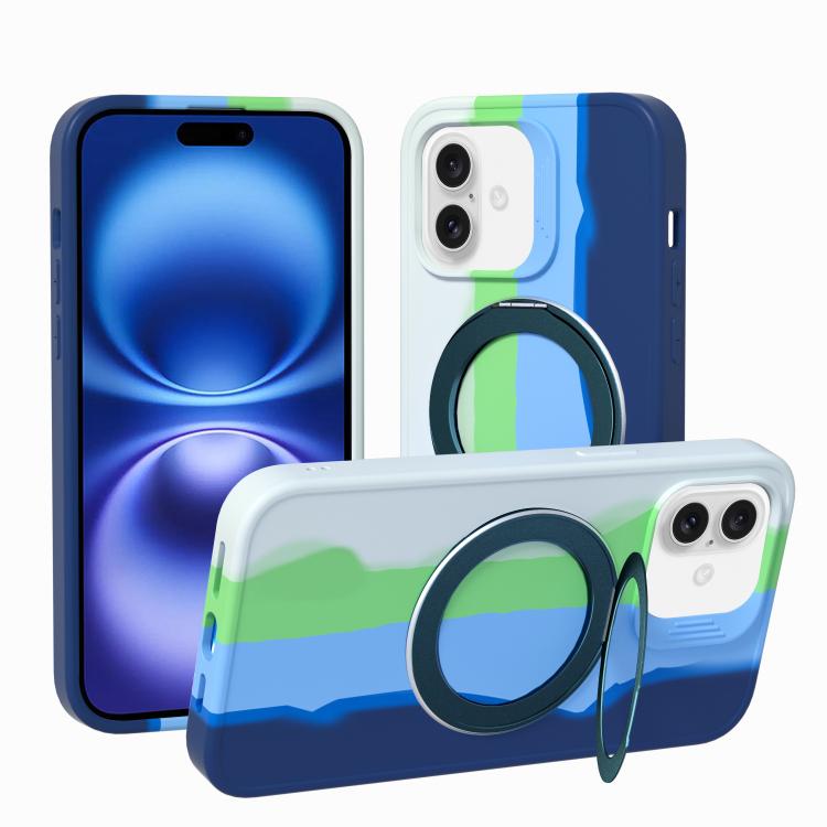 For iPhone 16 Dark Star Series 360 Degree Rotation Ring Holder Magnetic Phone Case(Rainbow Blue)