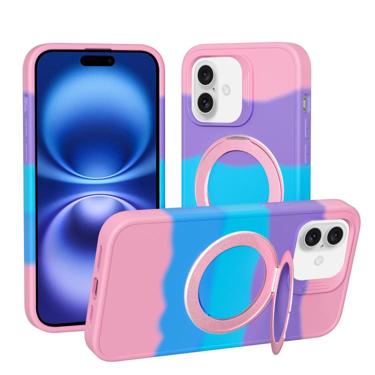 For iPhone 16 Dark Star Series 360 Degree Rotation Ring Holder Magnetic Phone Case(Rainbow Pink)