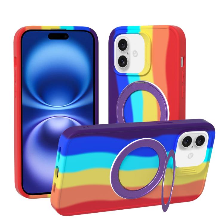 For iPhone 16 Dark Star Series 360 Degree Rotation Ring Holder Magnetic Phone Case(Rainbow Purple)